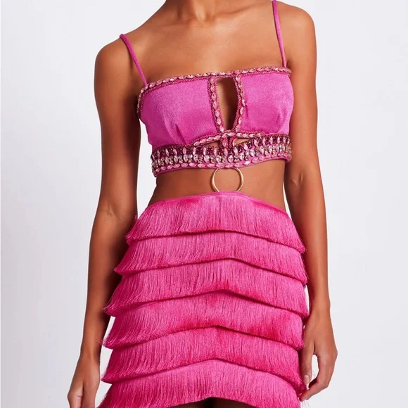 Patbo hand beaded jeweled pink fringe cut out dress XS - Picture 1 of 7